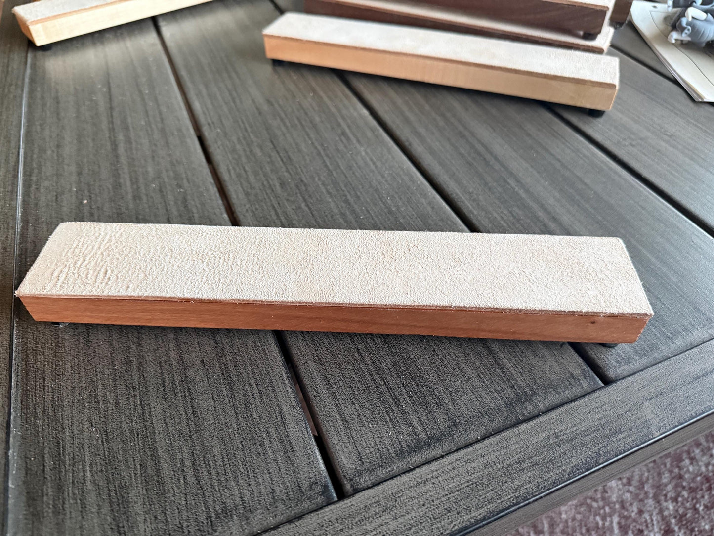 Handcrafted Leather Strop – 2x12 Hardwood (Maple, Cherry, Walnut) – 8/9 oz Veg-Tan Suede Side Up – Knife & Razor Honing