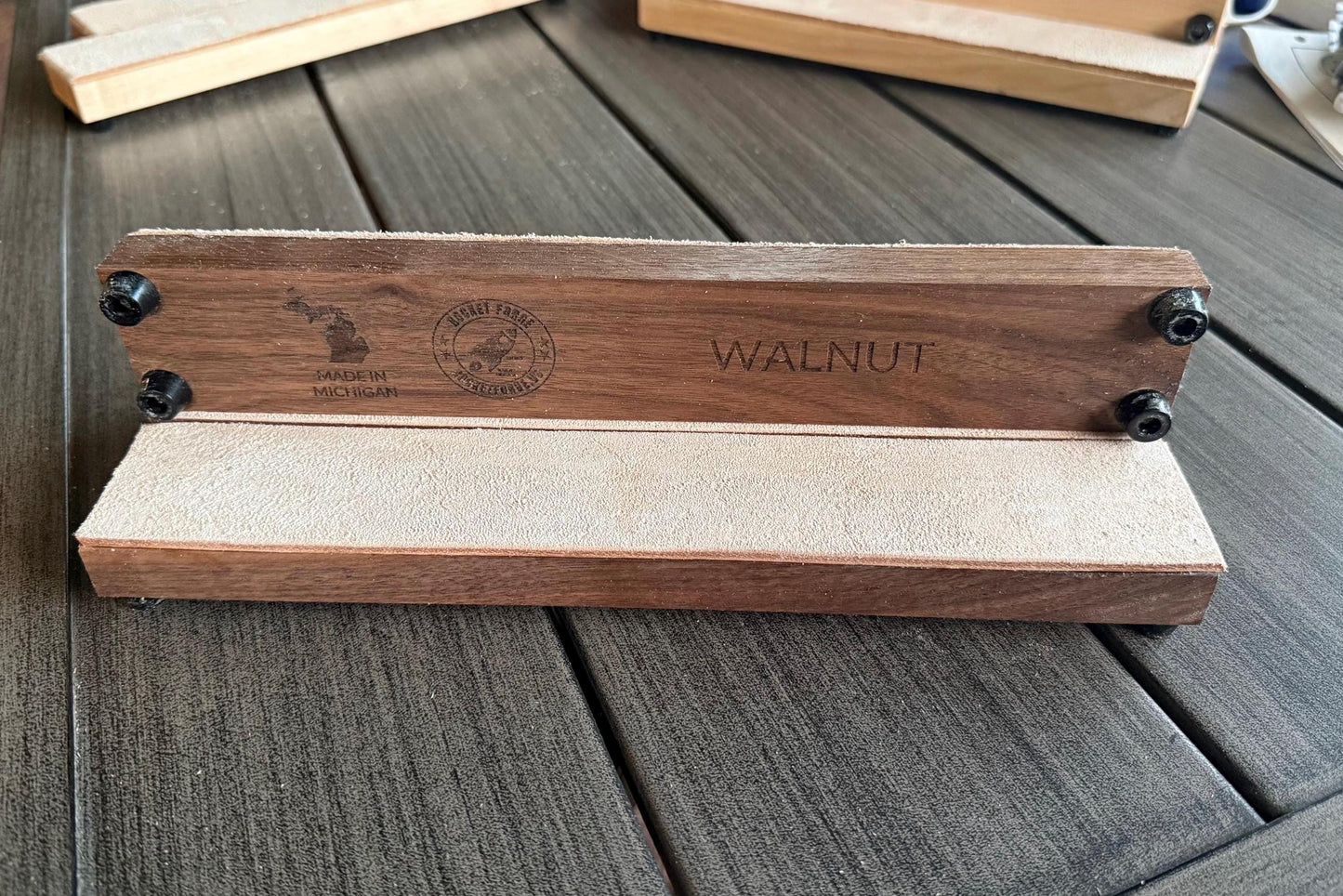 Handcrafted Leather Strop – 2x12 Hardwood (Maple, Cherry, Walnut) – 8/9 oz Veg-Tan Suede Side Up – Knife & Razor Honing