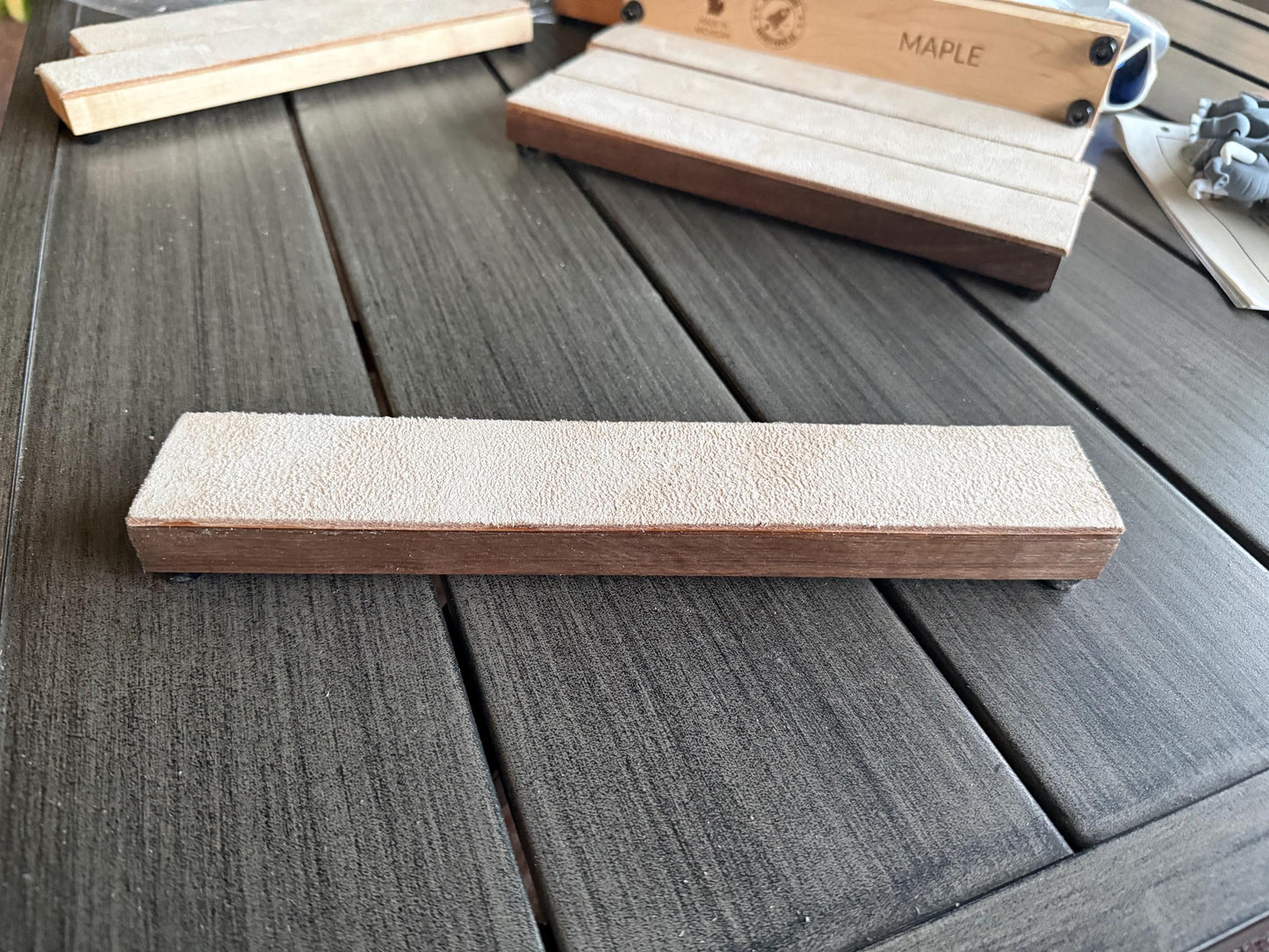 Handcrafted Leather Strop – 2x12 Hardwood (Maple, Cherry, Walnut) – 8/9 oz Veg-Tan Suede Side Up – Knife & Razor Honing