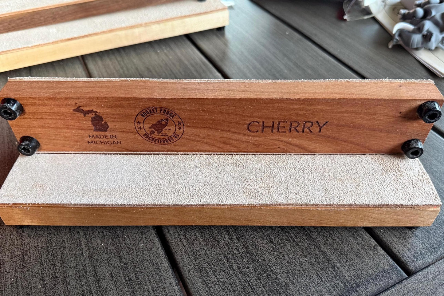 Handcrafted Leather Strop – 2x12 Hardwood (Maple, Cherry, Walnut) – 8/9 oz Veg-Tan Suede Side Up – Knife & Razor Honing