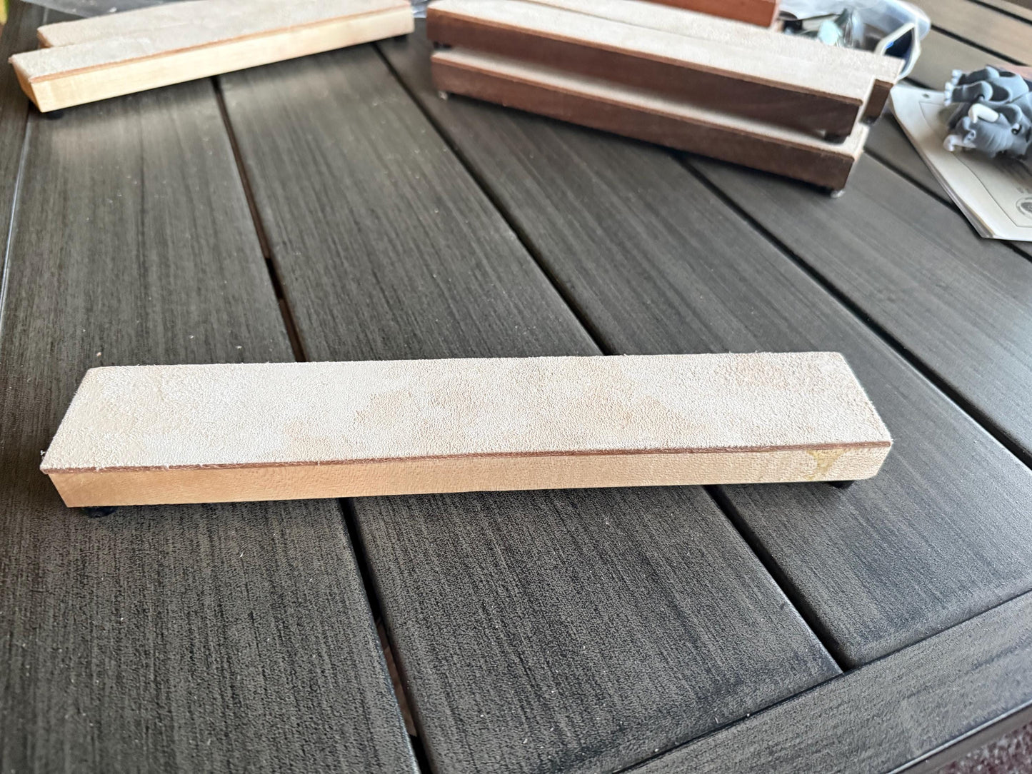 Handcrafted Leather Strop – 2x12 Hardwood (Maple, Cherry, Walnut) – 8/9 oz Veg-Tan Suede Side Up – Knife & Razor Honing