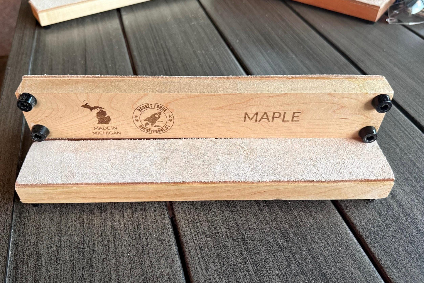 Handcrafted Leather Strop – 2x12 Hardwood (Maple, Cherry, Walnut) – 8/9 oz Veg-Tan Suede Side Up – Knife & Razor Honing